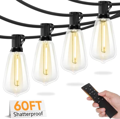 Miniatura 12 de Brightever - Guirnalda de luces de exterior de 50 pies, con control remoto, 16 bombillas Edison vintage ST38 inastillables, 3 modos, 2