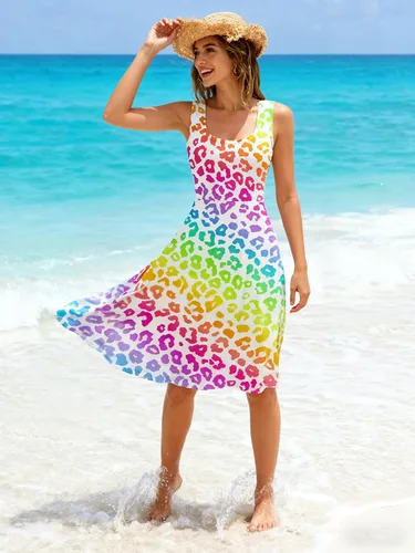 Miniatura 14 de uideazone - Vestido de mujer sin mangas cuello redondo de verano, para playa, casual, Midi línea A.