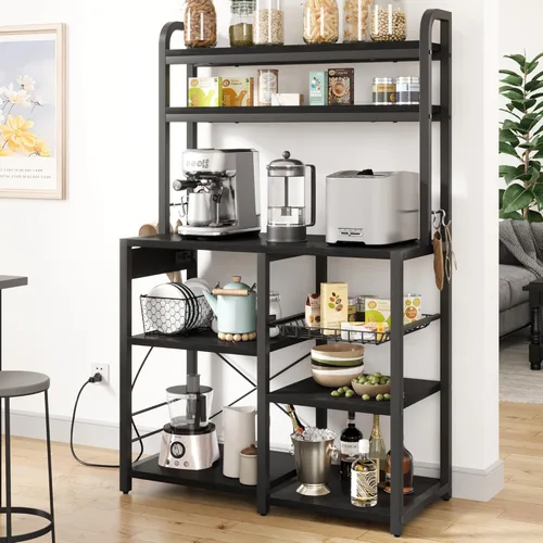 Miniatura 3 de IDEALHOUSE Estante para panaderos con toma de corriente, barra de café con cajón de alambre, soporte industrial para microondas, mesa de buffet