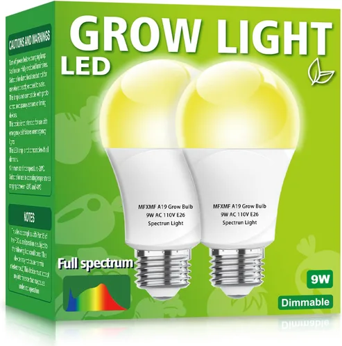 Paquete de 2 bombillas LED de cultivo A19, bombilla de espectro completo para plantas, bombilla de cultivo E26 de 9 W que reemplaza hasta 80 W, luz
