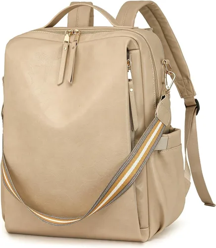 myfriday Mochila grande de piel sintética para mujer, mochila de viaje casual, bolsa convertible con correa de equipaje, biege, Grande, Vintage