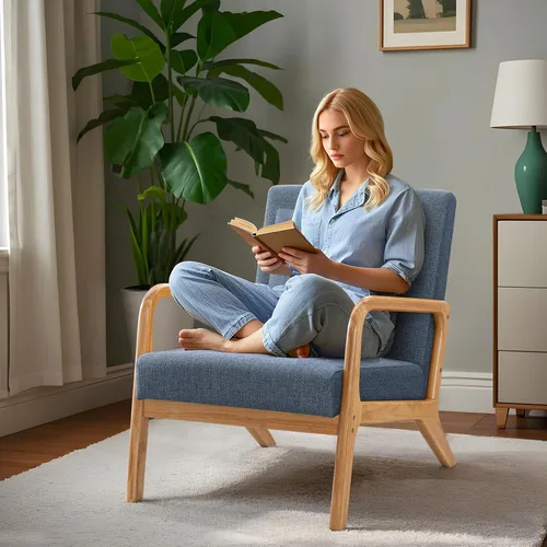Miniatura 3 de ELUCHANG Silla decorativa moderna de mediados de siglo con almohada lumbar, sillón tapizado, tela de lino, cómoda silla auxiliar de lectura