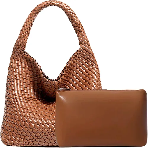 Bolso de mano tejido a mano de cuero vegano para mujer, bolso de hombro con asa superior, bolsa de axilas con monedero