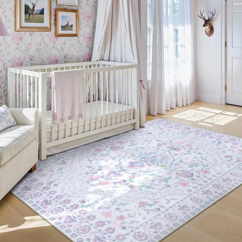 Miniatura 29 de Wonnitar Alfombras rosas para dormitorio, niñas, guardería, alfombra lavable con estampado floral de 5 x 7 pies, bohemio, ultrafina, antideslizante