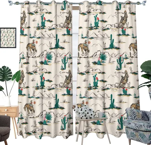Miniatura 3 de Cortinas opacas retro de vaquero occidental para dormitorio, estilo rústico, cactus, salvaje oeste, vaquero, paseo, caballo, con ojales, aislamiento