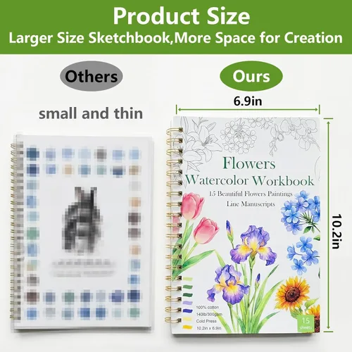 Miniatura 3 de Cuaderno de trabajo de acuarela 15 hermosas pinturas de flores para adultos y adolescentes principiantes, libro para colorear al agua, 140 libras