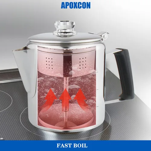 Miniatura 8 de Cafetera Percoladora Multiuso de Acero Inoxidable para Estufa con Dos Perillas de Vidrio Borosilicato Resistente Mango de Sílice Cafetera