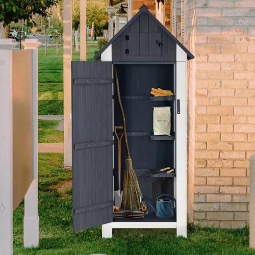 Miniatura 3 de Mcombo Gabinete de almacenamiento para exteriores, cobertizo de madera, organizador de cobertizo de jardín, casilleros de madera con madera de abeto