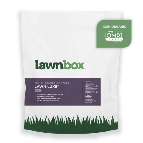 Lawnbox Lawn Luxe 7-0-7 - Fertilizante de hierba de verano 100% orgánico, 14 libras, cubre bolsas de 2,500 pies cuadrados