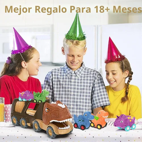 Miniatura 7 de Veslier Juego de camiones de dinosaurios para niños de 2, 3, 4, 5 años, camión transportador de fricción con 4 paquetes de pequeños coches