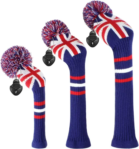 Scott Edward - Juego de 3 fundas para palos de golf con pompón, para Driver (460cc), madera Fairway e híbrido (UT) con etiquetas giratorias para UK