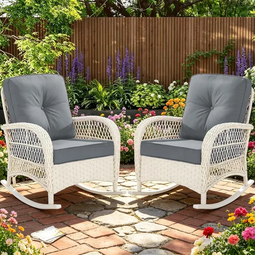 Miniatura 9 de MEETWARM Mecedora de mimbre para exteriores, sillas mecedoras de ratán para patio con cojines y respaldo alto, silla de mimbre para patio para todo