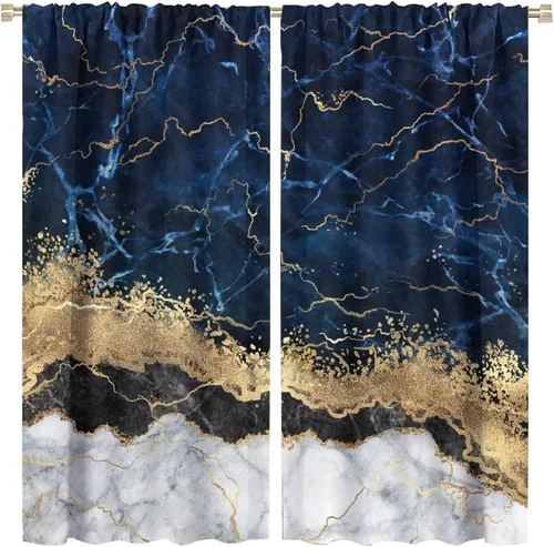 Miniatura 23 de Cortinas abstractas de mármol de lujo de lujo azul marino dorado a rayas con patrón de mármol estampado para dormitorio, sala de estar, cortinas