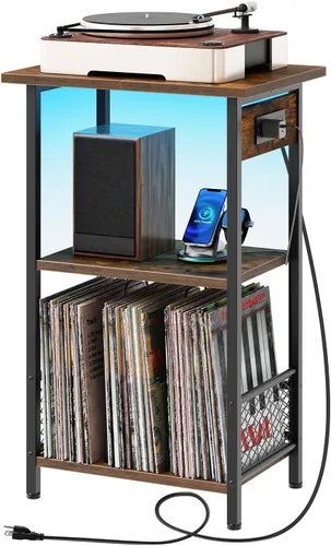 Miniatura 8 de HOOBRO Soporte para tocadiscos con estación de carga y LED, soporte para tocadiscos con almacenamiento, mesa auxiliar de 3 niveles con capacidad