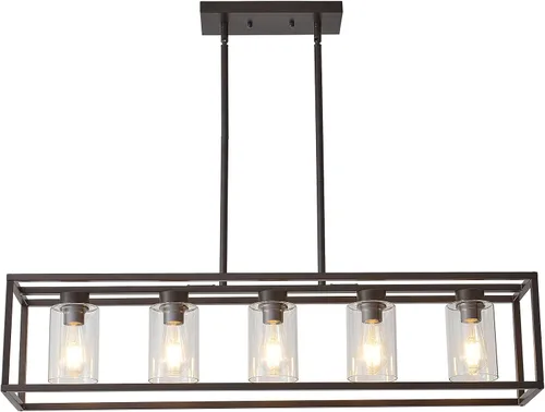 Miniatura 24 de XILICON - Lámpara colgante de comedor estilo granja de níquel cepillado, 5 luces, moderna, lámpara colgante contemporánea con pantalla de cristal