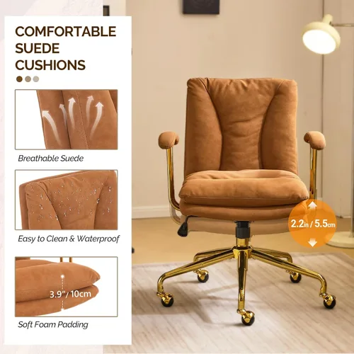 Miniatura 4 de VINGLI Silla de escritorio para oficina en casa, cómoda con ruedas y reposabrazos extraíbles, silla de tocador con base dorada con respaldo, silla