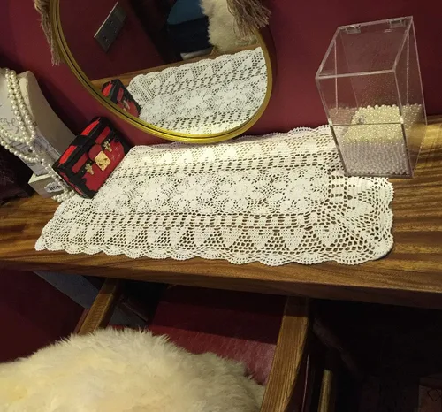 Miniatura 4 de Pasillos de mesa de algodón de ganchillo hechos a mano, color beige, pañuelos rectangulares, 16 x 35 pulgadas.