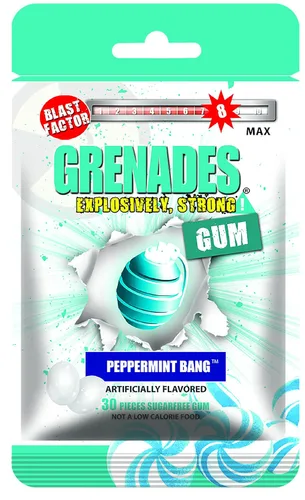 Grenades Goma de mascar – Bolsa de 30 unidades – Goma de mascar de menta fuerte (Peppermint Bang) – Máximo Aliento Fresco y Serio Poder