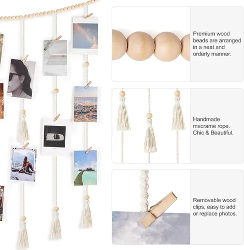 Miniatura 4 de Mkono Decoración de pared colgante de macramé con cadena de luces, habitación bohemia para dormitorio, cuentas de madera, guirnalda para tarjetas