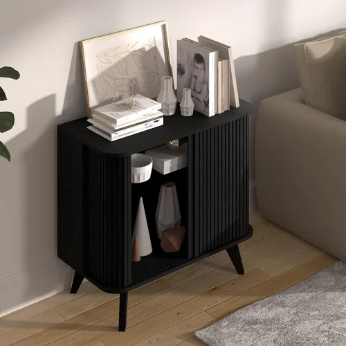 Miniatura 5 de Armario estriado de 27 pulgadas con puertas correderas, armario de almacenamiento moderno con patas para sala de estar o entrada, color negro