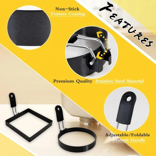 Miniatura 3 de Paquete de 4 anillos de huevo para freír huevos, redondos y cuadrados, acero inoxidable, para magdalenas inglesas, panqueques, con mango de silicona