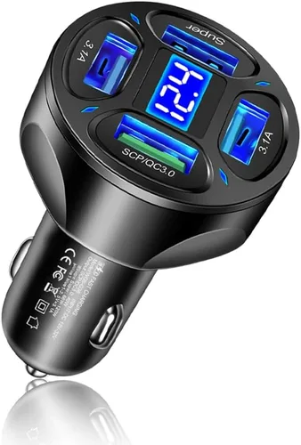 Cargador de Coche, Cargador de Coche de 4 Puertos Rápido con Enchufe de Salida/Voltímetro LED/QC3.0/Puerto Súper, Cargador USB de Encendedor de
