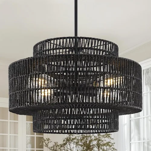 Miniatura 11 de 12.4” Candelabro de ratán boho, 1 luz, lámpara colgante tejida a mano, lámpara colgante rústica de estilo granja para isla de cocina, recámara