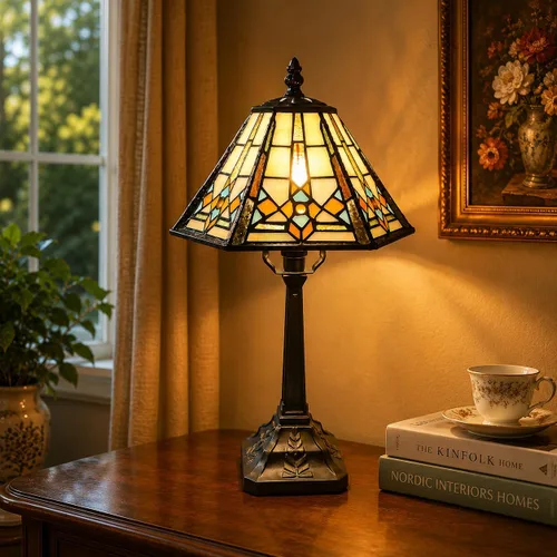 Miniatura 2 de Bieye L10791 - Lámpara de mesa estilo misión con luz nocturna de vidrio manchado Tiffany y pantalla cónica hexagonal, 10 pulgadas de ancho x 16