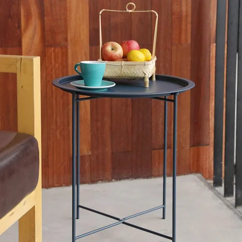 Miniatura 4 de VECELO Mesas auxiliares modernas, bandeja plegable redonda de metal, mesita de noche estable para exteriores, espacio pequeño, sala de estar y Azul