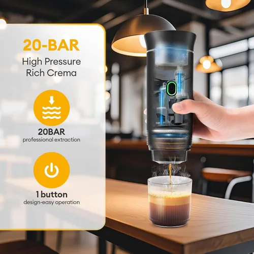 Miniatura 6 de Cafetera portátil 3 en 1 para viajes, 20 bares portátil con USB, cafetera de viaje autocalentable, compatible con café molido y cápsulas