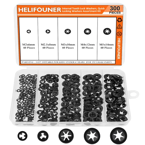 Miniatura 9 de HELIFOUNER 300 Piezas 5 Tamaños Arandelas de Bloqueo de Estrella con Diente Interno, Arandelas de Bloqueo de Velocidad Rápida, Tuercas de Empuje