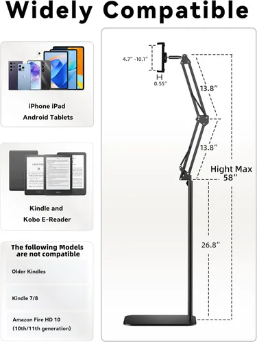 Miniatura 6 de VOLTIFYMAX Soporte de Piso para Kindle con Pasador de Páginas Remoto para Leer en la Cama, Soporte para Tableta con Clicker, Accesorios Kindle