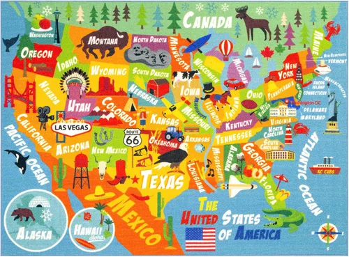 KC Cubs 8x10 Mapa de Estados Unidos de EE. UU. Alfombra de Coches de Juguete para Carretera – Alfombra de Juego Educativa para Niños, Pequeñines,