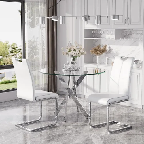 Miniatura 7 de Juego de mesa de comedor redonda moderna de vidrio de 36 pulgadas para 2, mesa de comedor de vidrio con patas cruzadas de metal, mesa de cocina