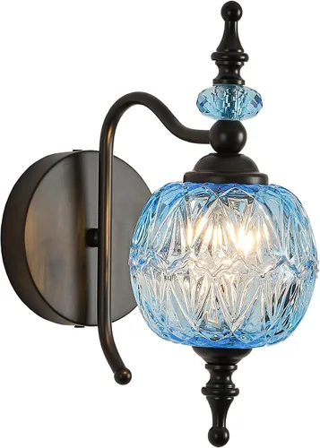 Apliques de pared vintage con acabado negro, lámparas de pared azul para baño con pantalla de vidrio de cristal para dormitorio, sala de estar,