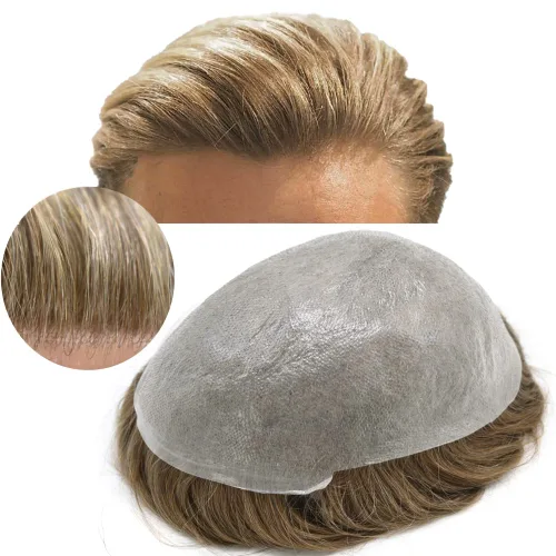 Miniatura 29 de Toupee para hombres, piel ultra fina, 0.002 in, base de poli completa, bucle en V, suave, sistema de reemplazo de cabello humano, pelucas para #1