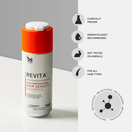 Miniatura 8 de DS Labs Revita Champú, 100 mL – Limpieza refrescante del cuero cabelludo para un aspecto más lleno, voluminizante, hidratación ligera, sin sulfato