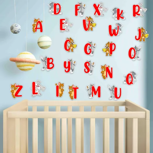 Miniatura 8 de Tom & Jery - Adhesivo decorativo para pared del alfabeto (A–Z), divertido alfabeto de dibujos animados para espacios de aprendizaje, calcomanías