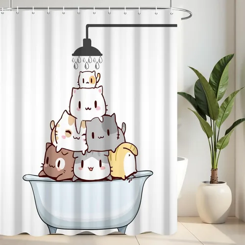 Miniatura 22 de Cortina de ducha en blanco y negro, divertido cabezal de ducha y gotas de agua, cortinas de ducha para baño, lavable a máquina, cortina de tela