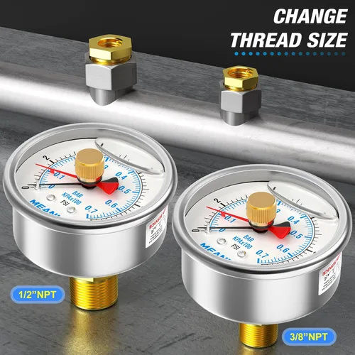 Miniatura 3 de MEANLIN MEASURE Manómetro de Presión de Acero Inoxidable 0~10 Psi 1/4" NPT Carátula de 2.5" con Puntero de Reinicio Relleno de Líquido WOG Agua