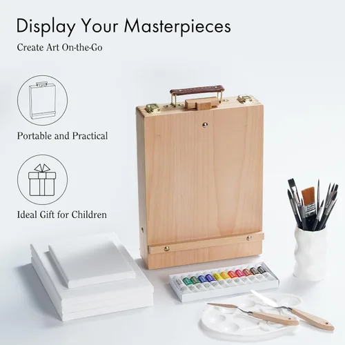 Miniatura 7 de ARTIFY Art Supplies Kit de caballete de mesa con 12 pinturas acrílicas, 13 pinceles, 4 tablas de lona, 2 cuchillos de paleta y paleta de plástico