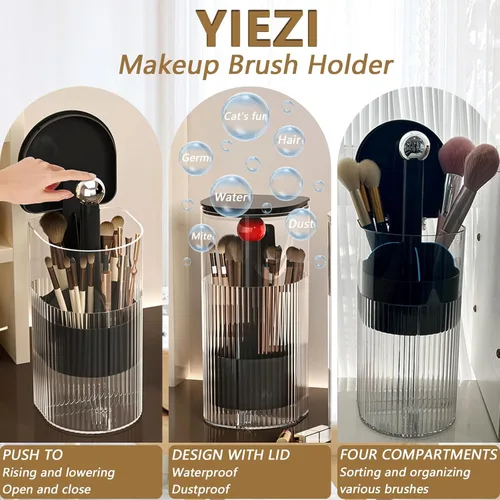 Miniatura 2 de Soporte para brochas de maquillaje con tapa, mecanismo de apertura y cierre con una sola mano, organizador de herramientas cosméticas, transparente