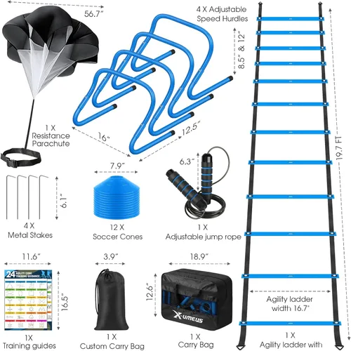 Miniatura 2 de X-UMEUS Agility Ladder Speed Training Equipment Set-20ft Agility Ladder,12 Soccer Cones,4 Hurdles, Jump Rope, Running Parachute Basketball Football