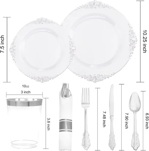 Miniatura 4 de Morejoy 350 platos de plástico plateado transparente, los juegos de platos desechables plateados incluyen 50 platos llanos, 50 platos de ensalada