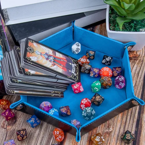 Miniatura 5 de SIQUK Juego de 4 bandejas de dados plegables, bandejas hexagonales para dados, de piel sintética, caja de rotación (camello, azul cielo, negro, gris)