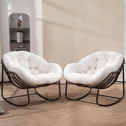 Miniatura 30 de HOMEFUN Juego de 2 mecedoras para patio al aire libre, sillas Papasan Rock de gran tamaño para interiores con cojín acolchado, asiento de huevo