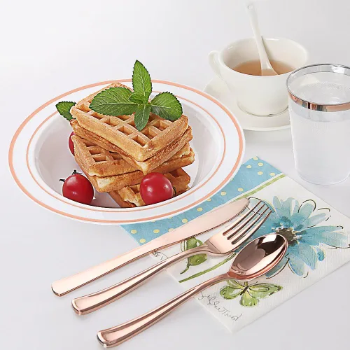 Miniatura 3 de WDF 60 cuencos de plástico desechables de 12 onzas, cuencos de ensalada con ribete de oro rosa, platos de plástico resistentes de alta calidad