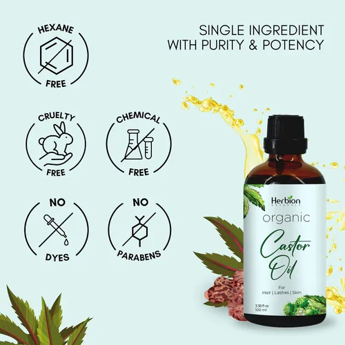 Miniatura 3 de Herbion Naturals Aceite de ricino orgánico certificado por USDA, 100% puro, prensado en frío, sin hexano. Hidratante y tratamiento capilar. Botella