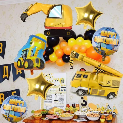 Miniatura 7 de Globos de construcción para el primer cumpleaños, 9 globos dorados de 40 pulgadas con el número 1 para excavadora grande, camión volquete, grúa