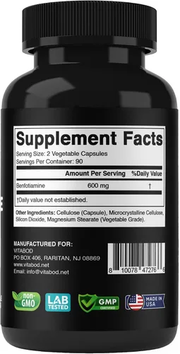 Miniatura 8 de Vitabod Benfotiamina 600mg - 180 cápsulas vegetarianas - Suplemento de vitamina B1 soluble en grasa